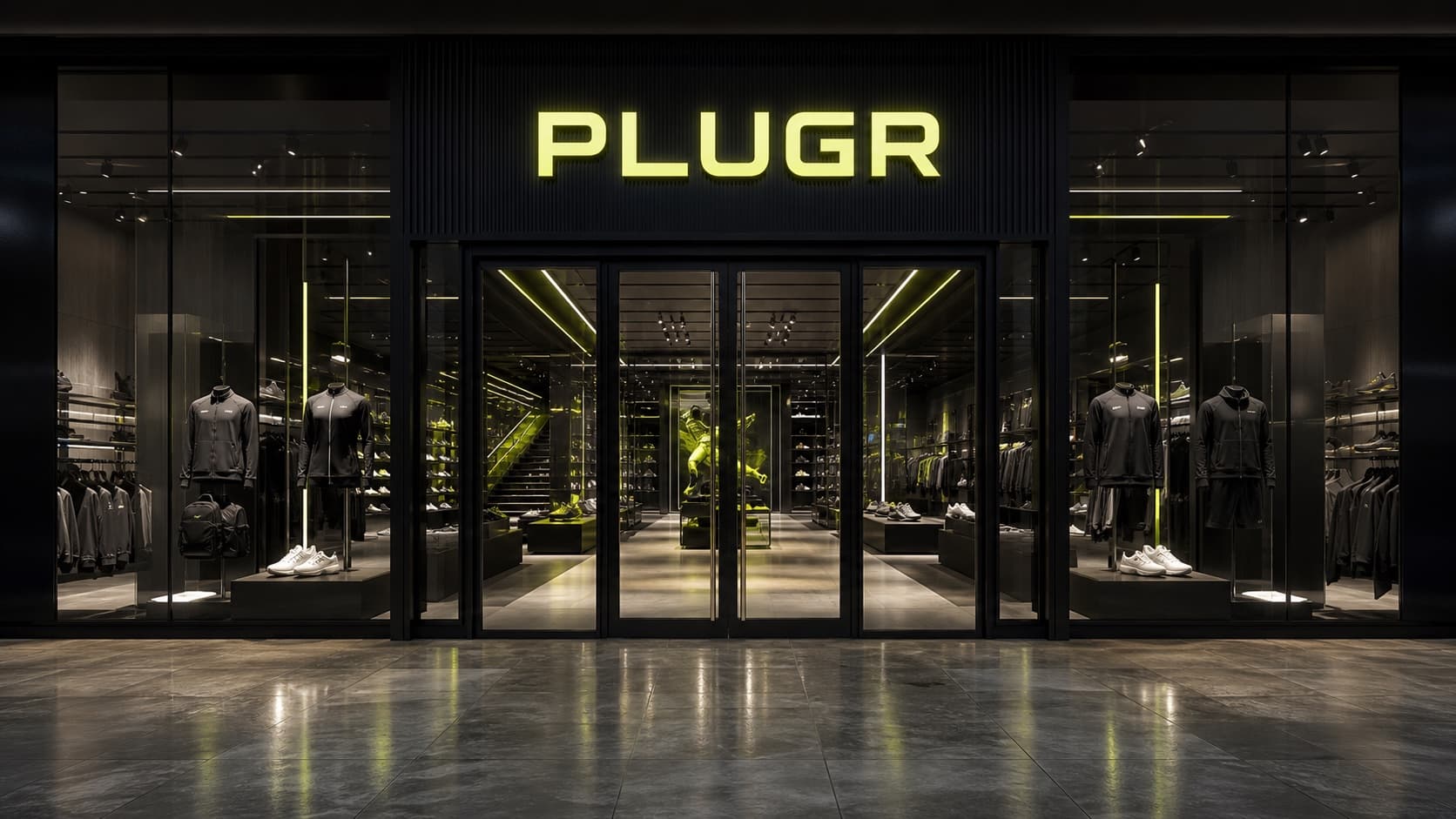 Plugr athletic store entrance in a modern shopping mall